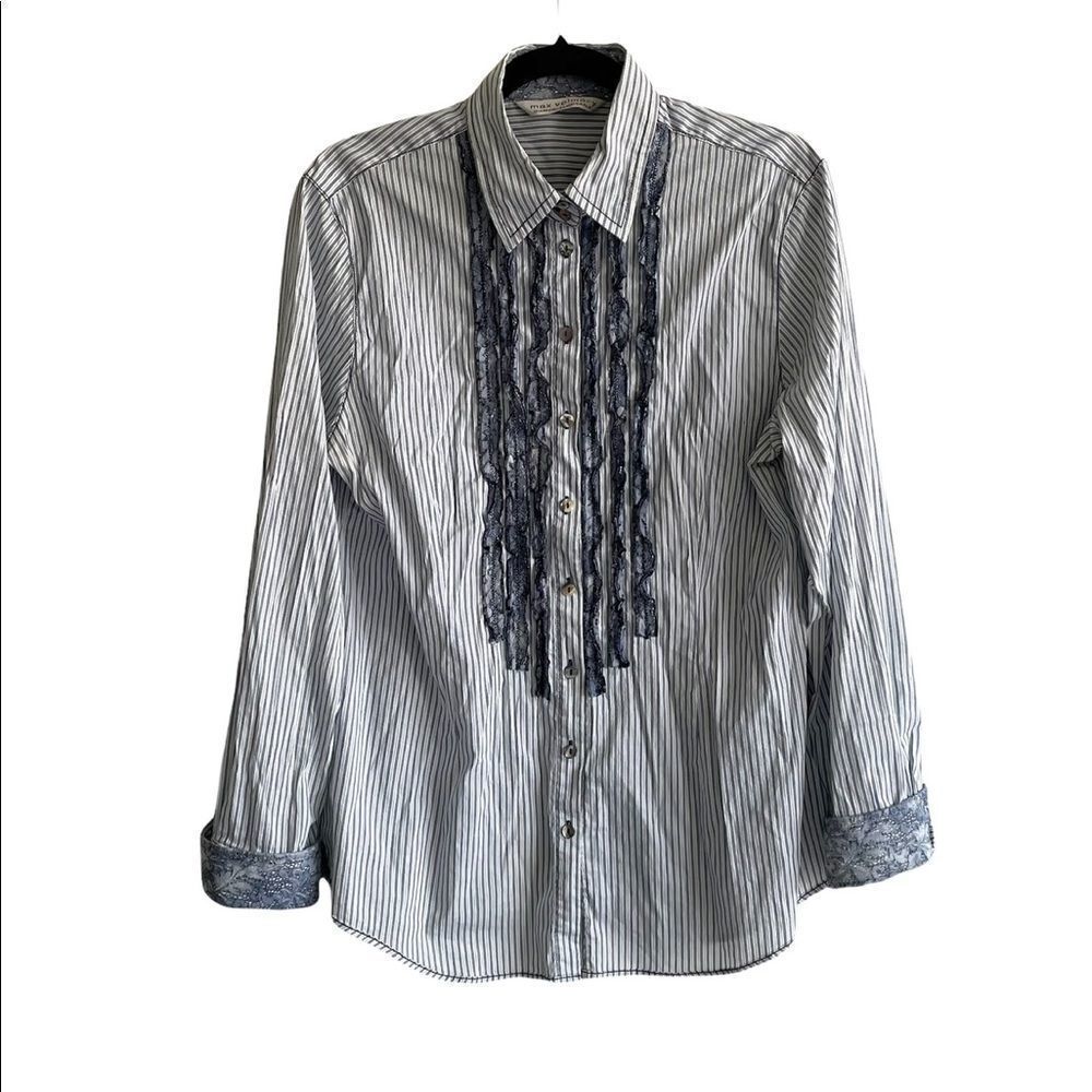MAX VOLMARY Diamonds And Pearls Striped Button Front Blouse Blue White 14